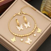 304 Stainless Steel Jewelry Set with White Shell & Plastic Pearl Butterfly gold color plated & for woman & with rhinestone Sold By PC