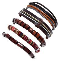 Bracelets cordon PU, cuir PU, avec corde de cire & bois & alliage de zinc, fait à la main, 5 pièces & bijoux de mode & unisexe, brun, 6cm, Longueur:17-18 cm, Vendu par fixé