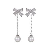 Brass Drop Earring with pearl & Cubic Zirconia Round platinum color plated fashion jewelry & for woman nickel lead & cadmium free Sold By Pair