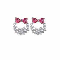 Brass Stud Earring with Cubic Zirconia Bowknot platinum color plated fashion jewelry & for woman nickel lead & cadmium free Sold By Pair