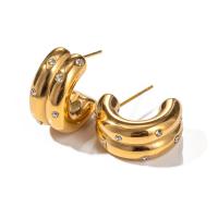 Stainless Steel Stud Earrings, 304 Stainless Steel, 18K gold plated, fashion jewelry & for woman & with rhinestone, golden, 19.10x9.60mm, Sold By Pair