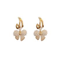Cubic Zirconia Micro Pave Brass Earring, with Plastic Pearl, Bowknot, gold color plated, fashion jewelry & micro pave cubic zirconia & for woman, nickel, lead & cadmium free, 13x25mm, Sold By Pair