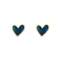 Latão Brinco, Liga de cobre, Coração, cromado de cor dourada, joias de moda & para mulher & esmalte, azul, níquel, chumbo e cádmio livre, 11x11mm, vendido por par