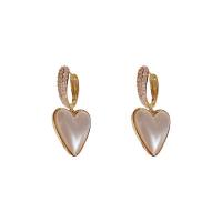 Cubic Zirconia Micro Pave Brass Earring with Plastic Pearl Heart gold color plated fashion jewelry & micro pave cubic zirconia & for woman white nickel lead & cadmium free Sold By Pair