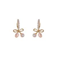 Brass Drop Earring, with Plastic Pearl, Bowknot, gold color plated, fashion jewelry & for woman, mixed colors, nickel, lead & cadmium free, 14x23mm, Sold By Pair
