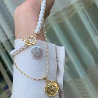 Freshwater Pearl Brass Chain Necklace, Pérolas de água doce, with Liga de cobre, 14K cheio de ouro, Camada Dupla & joias de moda & para mulher, branco, 7-8mm, comprimento Aprox 40 cm, vendido por PC