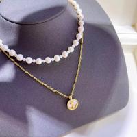 Freshwater Pearl Brass Chain Necklace, Pérolas de água doce, with Liga de cobre, 14K cheio de ouro, Camada Dupla & joias de moda & para mulher, branco, 3-6mm, comprimento Aprox 38 cm, vendido por PC
