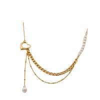 Natural Freshwater Pearl Necklace, Titanium Steel, with Freshwater Pearl, real gold plated, Double Layer & fashion jewelry & for woman, golden, Length:46 cm, Sold By PC
