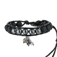 Gemstone Bracelets, Lava, with Wax Cord & Hematite & Crystal & Tibetan Style, Round, silver color plated, fashion jewelry & Bohemian style & Unisex, black, Length:Approx 17 cm, Sold By PC