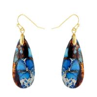 Natural Gemstone Earrings Impression Jasper with Brass Teardrop gold color plated fashion jewelry & Bohemian style & for woman mixed colors Sold By Pair