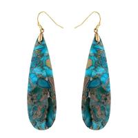 Natural Gemstone Earrings, Impression Jasper, with Brass, Teardrop, gold color plated, fashion jewelry & Bohemian style & for woman, blue, Sold By Pair