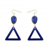 Natural Gemstone Earrings Lapis Lazuli with Velveteen & Brass Triangle gold color plated fashion jewelry & Bohemian style & for woman blue Sold By Pair