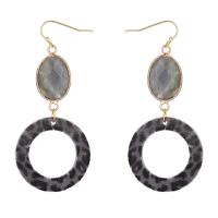 Natural Gemstone Earrings Labradorite with Velveteen & Brass Donut gold color plated vintage & fashion jewelry & for woman & leopard pattern grey Sold By Pair