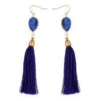 Fashion Fringe Brincos, Lápis lazúli, with Cordão de Nó & cobre, borlapendão, cromado de cor dourada, joias de moda & para mulher, azul, vendido por par