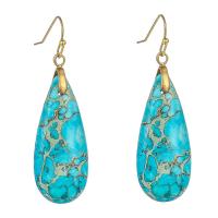 Natural Gemstone Earrings Impression Jasper with Brass Teardrop gold color plated fashion jewelry & for woman blue 15-40mm Sold By Pair