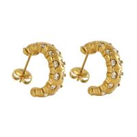 Stainless Steel Stud Earrings, 304 Stainless Steel, 18K gold plated, fashion jewelry & for woman & with rhinestone, golden, 18x7mm, Sold By Pair