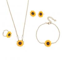 Fashion Stainless Steel Jewelry Sets, Stud Earring & finger ring & bracelet & necklace, 304 Stainless Steel, with Glass, with 1.97inch extender chain, Sunflower, 4 pieces & fashion jewelry & for woman, more colors for choice, Length:Approx 19.69 Inch, Approx 7.09 Inch, Sold By Bag