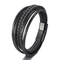 PU Leather Cord Bracelets with Zinc Alloy plumbum black color plated fashion jewelry & multilayer & for man black Length 21 cm Sold By PC