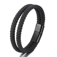 PU Leather Cord Bracelets, with Tibetan Style, plumbum black color plated, Double Layer & for man, black, Length:21 cm, Sold By PC