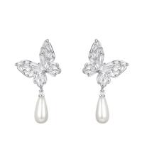 Brass Drop Earring, with Glass Rhinestone & Plastic Pearl, Butterfly, platinum color plated, fashion jewelry & for woman, nickel, lead & cadmium free, 22x38mm, Sold By Pair