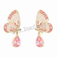 Cubic Zirconia Micro Pave Brass Earring, Butterfly, real gold plated, fashion jewelry & micro pave cubic zirconia & for woman, pink, nickel, lead & cadmium free, 43x20mm, Sold By Pair