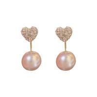 Cubic Zirconia Micro Pave Brass Earring with Plastic Pearl Heart gold color plated fashion jewelry & micro pave cubic zirconia & for woman white nickel lead & cadmium free Sold By Pair