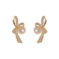 Cubic Zirconia Micro Pave Brass Earring, with Plastic Pearl, Bowknot, gold color plated, fashion jewelry & micro pave cubic zirconia & for woman, nickel, lead & cadmium free, 11x25mm, Sold By Pair