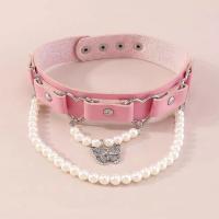 Fashion Choker Necklace PU Leather with Plastic Pearl & Iron with 4.5cm extender chain Butterfly silver color plated Double Layer & fashion jewelry & for woman pink 23mm Length Approx 35 cm Sold By PC
