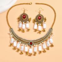 Tibetan Style Jewelry Sets, earring & necklace, with Shell & Rhinestone & Plastic Pearl, with 4.5cm extender chain, gold color plated, 2 pieces & fashion jewelry & for woman, mixed colors, nickel, lead & cadmium free, 32x90mm, Length:Approx 32-42 cm, Sold By Set