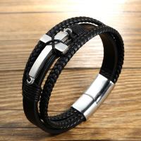 PU Leather Cord Bracelets, with 304 Stainless Steel, Cross, three layers & fashion jewelry & for man, Length:Approx 8.27 Inch, Sold By PC