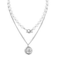 Mode-Multi-Layer-Halskette, 304 Edelstahl, mit Kunststoff Perlen, mit Verlängerungskettchen von 2.36inch, Doppelschicht & Modeschmuck & für den Menschen, 30x25mm, Länge ca. 20.47 ZollInch, ca. 18.9 ZollInch, verkauft von PC