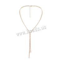 Brass Necklace, with Plastic Pearl, with 1.97inch extender chain, gold color plated, fashion jewelry & for woman & with rhinestone, golden, nickel, lead & cadmium free, Length:Approx 17.32 Inch, Sold By PC