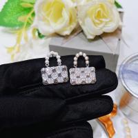 Brass Stud Earring with Glass Rhinestone & Plastic Pearl Handbag silver color plated fashion jewelry & for woman nickel lead & cadmium free Sold By Pair