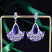 Brass Drop Earring with Glass Rhinestone Fan platinum color plated fashion jewelry & for woman purple nickel lead & cadmium free Sold By Pair