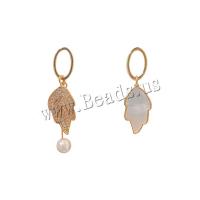 Asymmetric Earrings Brass with Shell & Plastic Pearl Leaf gold color plated fashion jewelry & micro pave cubic zirconia & for woman nickel lead & cadmium free Sold By Pair
