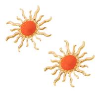 Tibetan Style Stud Earring, Sun, gold color plated, fashion jewelry & for woman & enamel, orange, 52x52mm, Sold By Pair