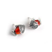 925 Sterling Silver Stud Earrings, with Red Turquoise, Fish, Antique finish, for woman, silver color, Sold By Pair
