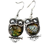 Tibetan Style Drop Earring, with Shell, Owl, antique silver color plated, folk style & for woman & with rhinestone, 30mm, Sold By Pair