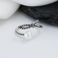 925 Sterling Silver Finger Rings, with Plastic Pearl, Bowknot, Antique finish, fashion jewelry & for woman, nickel, lead & cadmium free, 10mm, Sold By PC