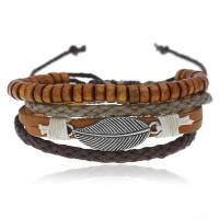 Wood Bracelets, with Linen & Cowhide & Tibetan Style, fashion jewelry & multilayer & for man, Length:Approx 6.69-7.09 Inch, Sold By PC