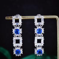 Brass Drop Earring, Square, platinum color plated, fashion jewelry & for woman & with rhinestone, blue, nickel, lead & cadmium free, 10x40mm, Sold By Pair