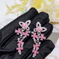 Brass Drop Earring, Flower, platinum color plated, fashion jewelry & for woman & with rhinestone, pink, nickel, lead & cadmium free, 18x43mm, Sold By Pair
