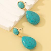 Tibetan Style Drop Earrings, with turquoise, Teardrop, gold color plated, fashion jewelry & for woman, green, 18x43mm, Sold By Pair