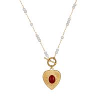 Titanium Steel Necklace with Red Agate & Plastic Pearl Heart gold color plated fashion jewelry & for woman Sold By PC