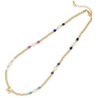 Glass Seed Beads Necklace with Plastic Pearl & Zinc Alloy with 2inch extender chain Alphabet Letter gold color plated Korean style & for woman Length Approx 16.5 Inch Sold By PC
