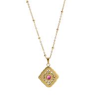 Titanium Steel Necklace, with 2inch extender chain, Rhombus, 18K gold plated, fashion jewelry & for woman & with rhinestone & hollow, 17x18x2mm, Length:Approx 15.7 Inch, Sold By PC