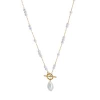 Titanium Steel Necklace with Freshwater Pearl & Plastic Pearl gold color plated fashion jewelry & for woman Length Approx 22 Inch Sold By PC