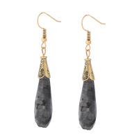 Natural Gemstone Earrings Labradorite with Brass & 304 Stainless Steel Teardrop Vacuum Ion Plating vintage & fashion jewelry & for woman black 15-80mm Sold By Pair