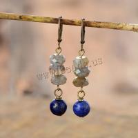 Natural Gemstone Earrings Moonstone with Lapis Lazuli & Brass antique bronze color plated fashion jewelry & for woman & faceted mixed colors 70mm Sold By Pair