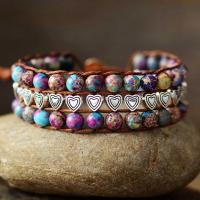 Gemstone Bracelets, Impression Jasper, with leather cord & Brass, Heart, plated, Adjustable & fashion jewelry & multilayer & Unisex, more colors for choice, Length:Approx 18-22 cm, Sold By PC